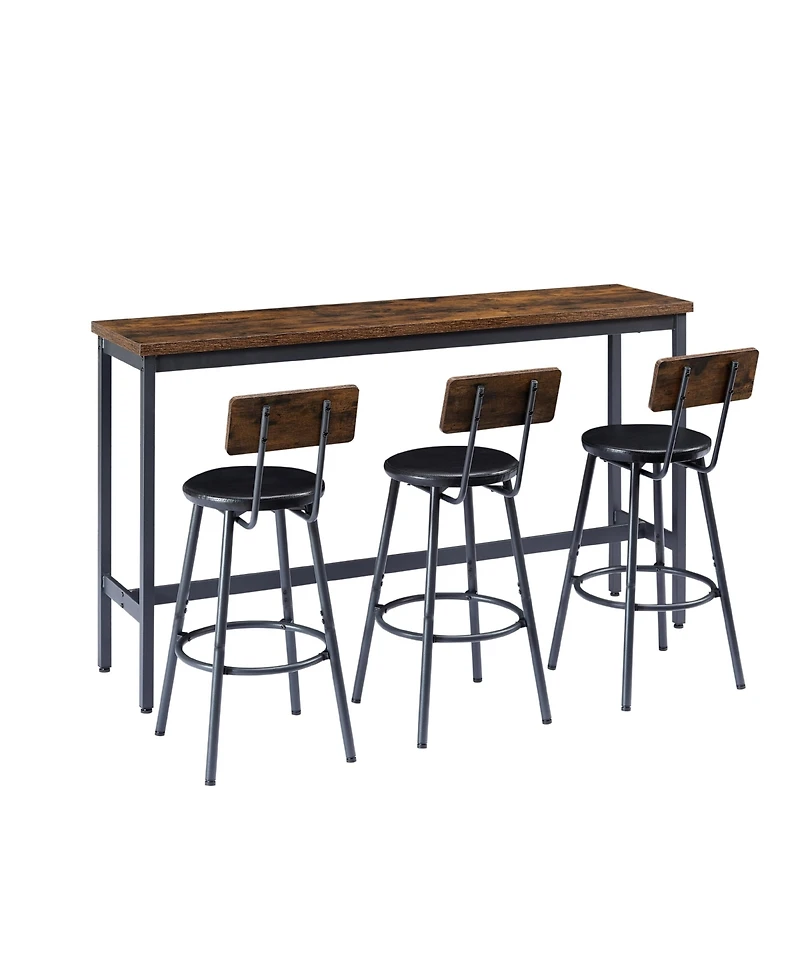 Flynama 4-Piece Long Bar Table Set with 3 Pu Stools, Industrial for Kitchen and Living Room