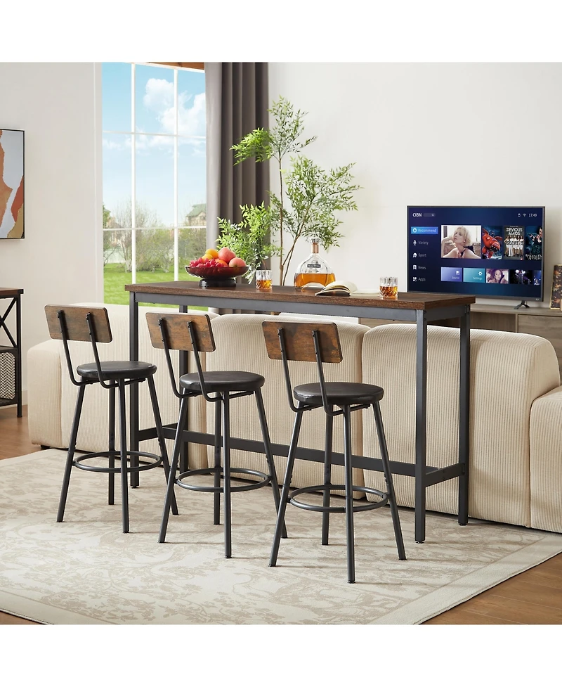 Flynama 4-Piece Long Bar Table Set with 3 Pu Stools, Industrial for Kitchen and Living Room