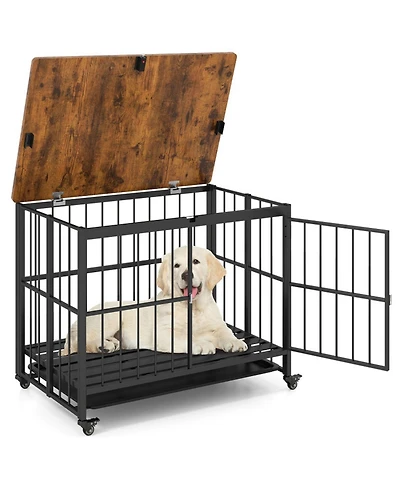 Sugift Foldable Dog Crate Furniture with Removable Tray and Lockable Doors