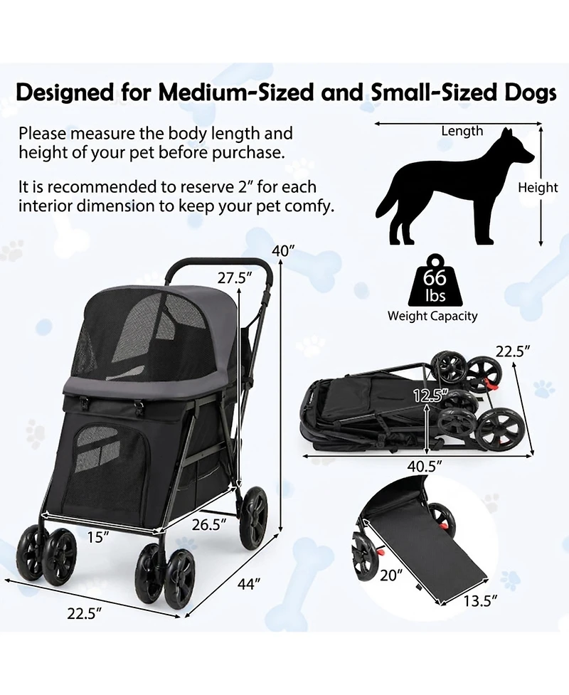 Sugift Pet Stroller for Medium Small Senior Dogs with Dual Entry and 8.5in Low Entry Ramp