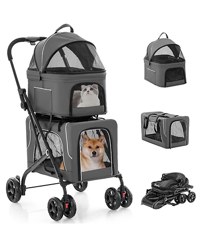 Hongge Foldable Double Pet Stroller with 2 Detachable Pet Carriers