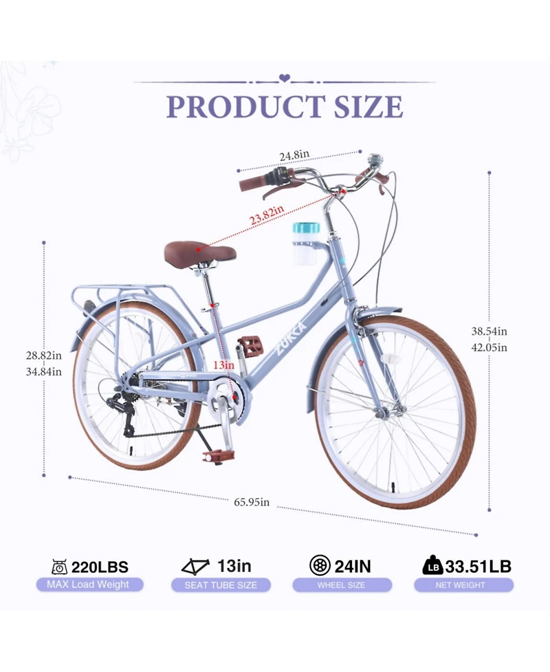ECHTPeak 24 Inch Cruiser Bike,6 Speed Step-Through Commuter Bicycle with Rear Rack and Cup Holder,City Bike