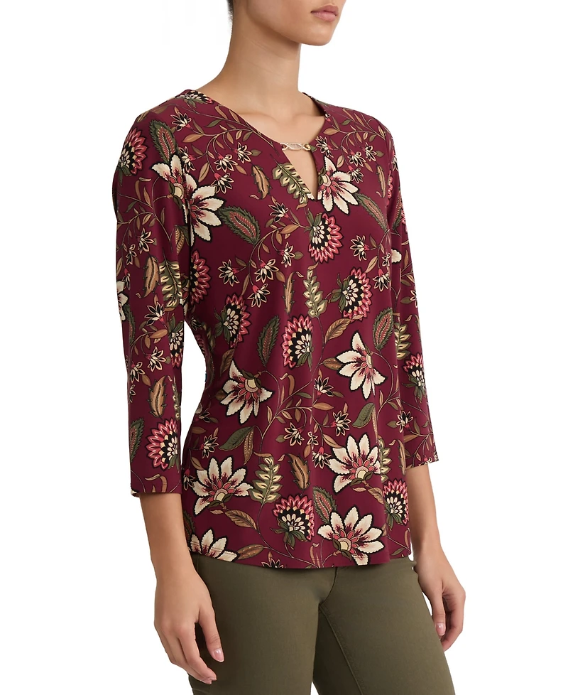Jones New York Women's Floral-Print V-Neck 3/4-Sleeve Buckle Trim Blouse