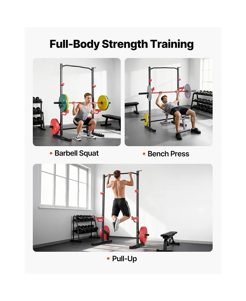 Sugift 1000LBS Multifunctional Power Cage Squat Rack with 4 Band Pegs Adjustable J-Hooks Safety Bars