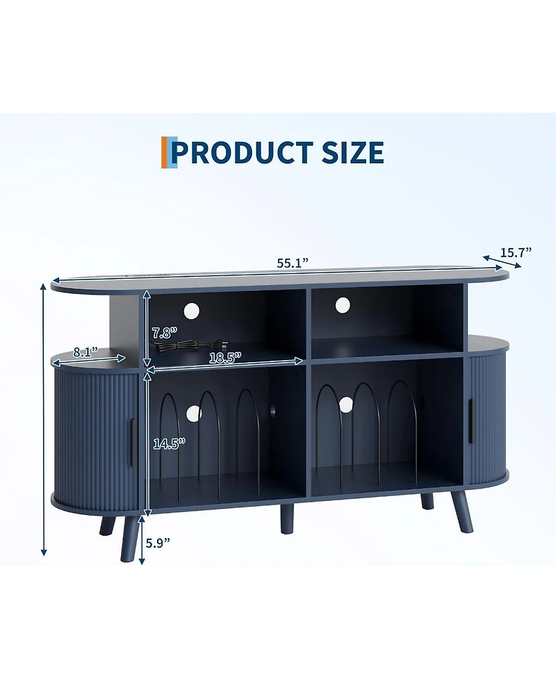 homfan 55" Round Mid-Century Tv Stand and Media Console with Vinyl Storage and Charging Station, Open Shelves