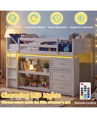 Sugift Twin Size Wooden Loft Bed with Led Lights Storage Shelves and Drawers