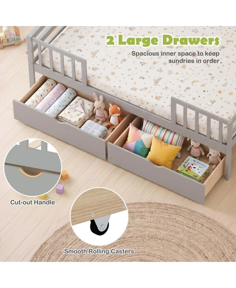 Sugift Full Size Wooden Daybed with Fence Guardrails and 2 Storage Drawers