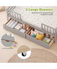 Sugift Full Size Wooden Daybed with Fence Guardrails and 2 Storage Drawers