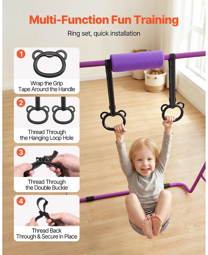 Sugift Kids Folding Gymnastic Kip Bar Adjustable 36-52 in Height 140 lbs Capacity for Ages 3-8