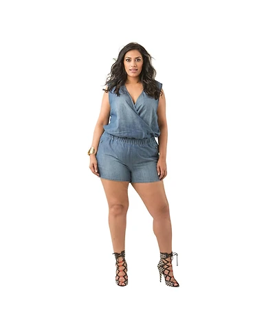 Poetic Justice Plus Size Curvy Women's Chambray Elastic Waist Sleeveless Romper