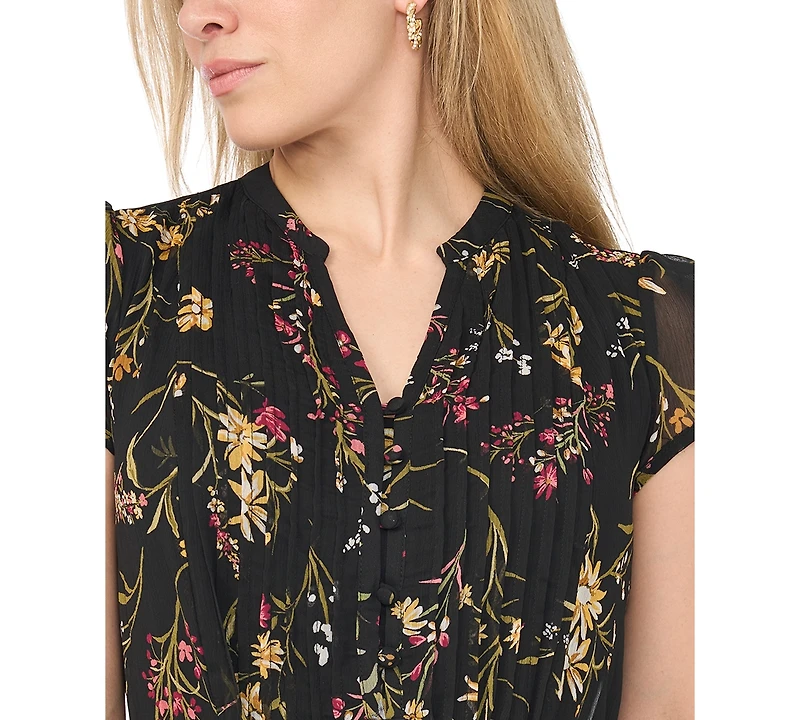 Msk Petite Pintuck Floral-Print A-Line Midi Dress