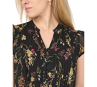 Msk Petite Pintuck Floral-Print A-Line Midi Dress