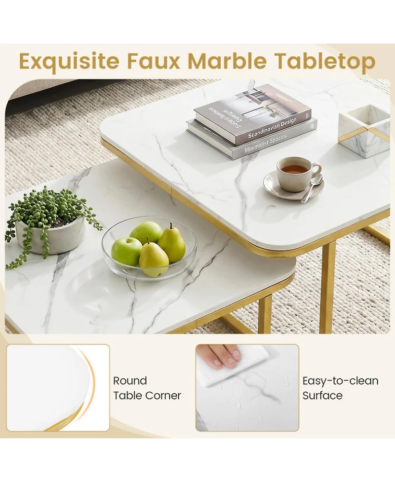 Sugift Nesting Coffee Table Set of 2 with Faux Marble Tops and Metal Frame