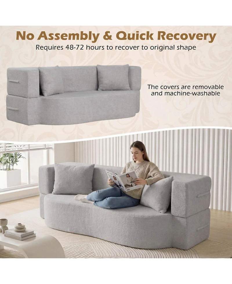 Sugift 75.5-Inch Convertible Folding Sofa Bed Floor Loveseat with Washable Teddy Fleece Cover