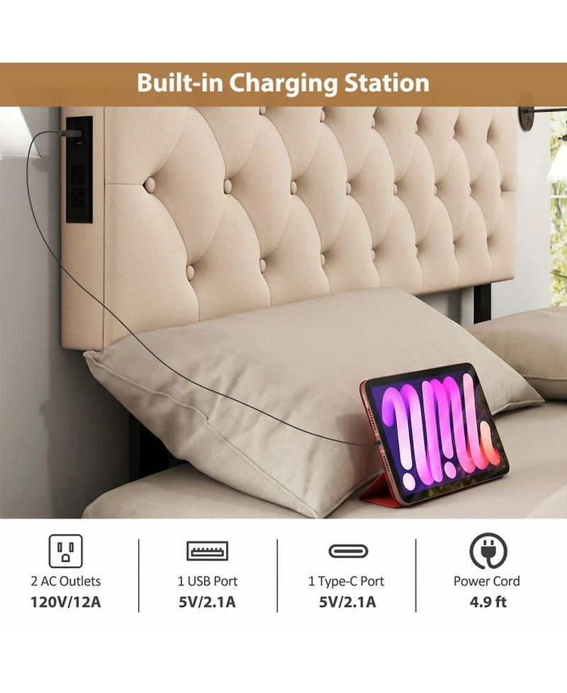 Sugift Tufted Upholstered Headboard for Full and Queen Bed with Charging Station