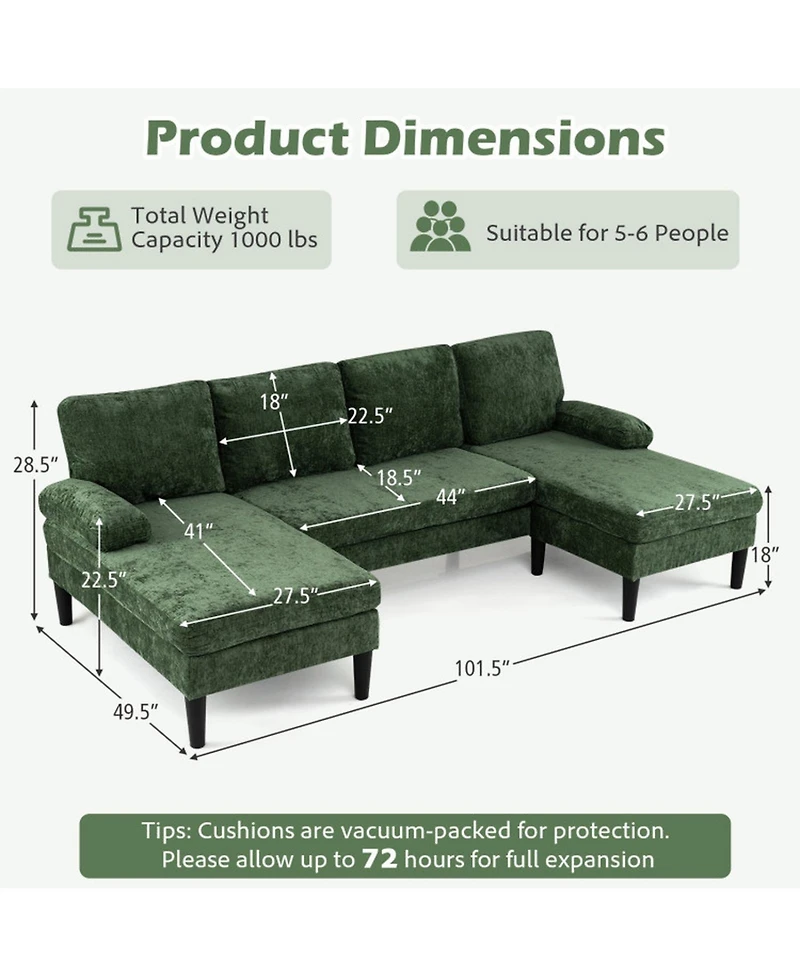 Sugift U-Shaped Sectional Sofa Couch with Double Chaise and 4 Lumbar Pillows for Living Room