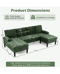 Sugift U-Shaped Sectional Sofa Couch with Double Chaise and 4 Lumbar Pillows for Living Room