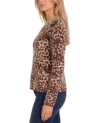 Liverpool Los Angeles Petite Leopard-Print Long-Sleeve Crewneck Sweater