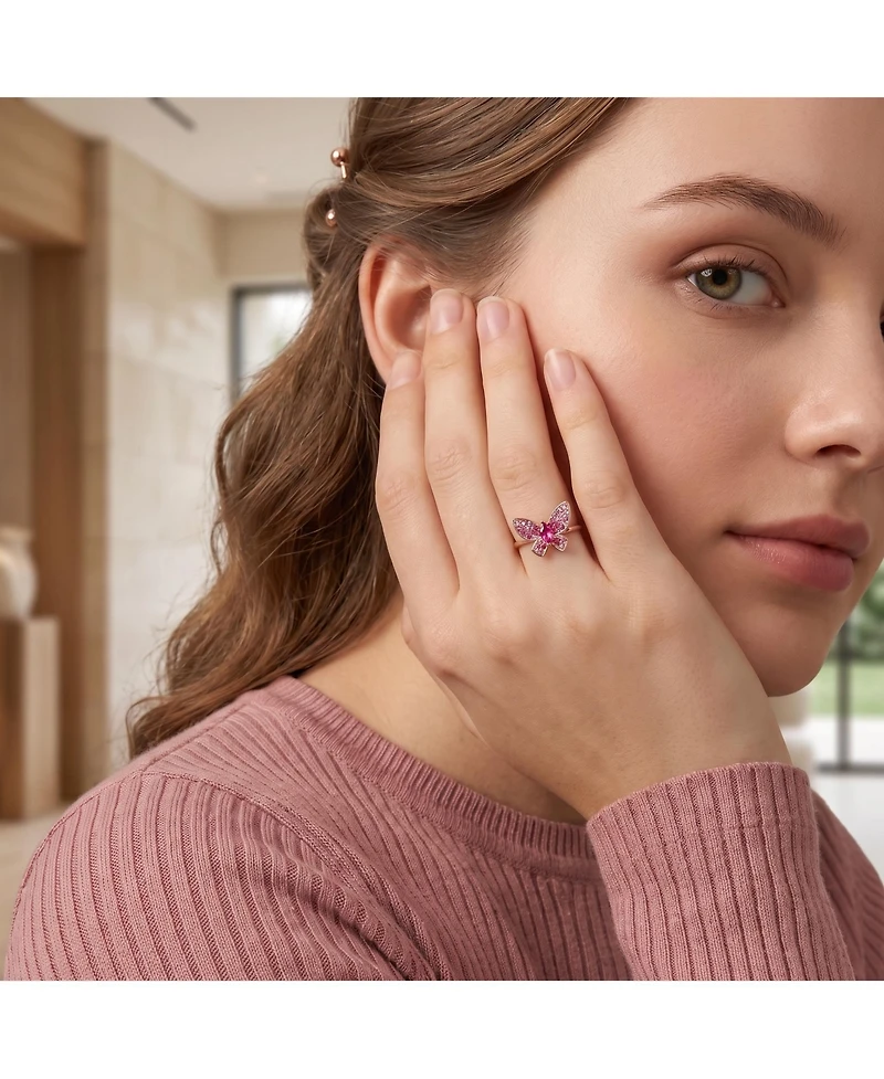 GigiGirl Sterling Silver with 18K Rose Gold Plated Red Cubic Zirconia Small Butterfly Ring