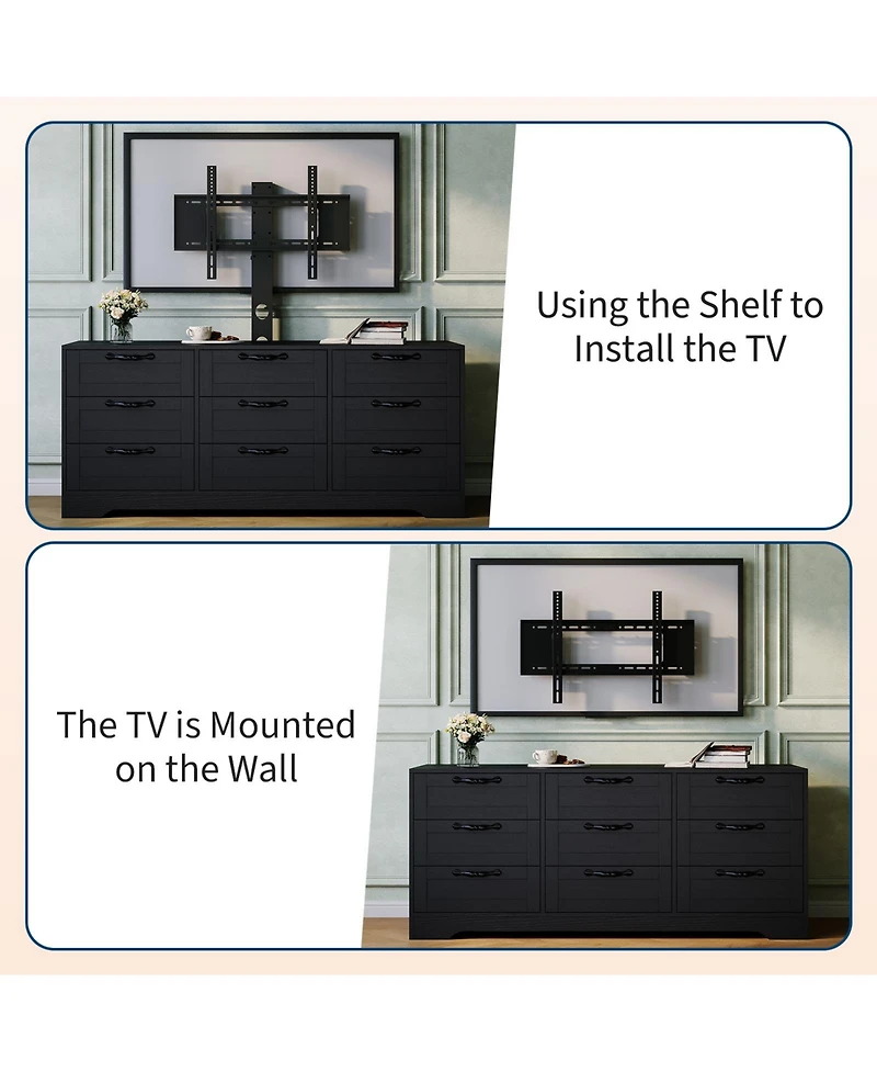 homfan 55" 9 Drawers Dresser Tv Stand with Mount for 32-85" TVs, Modern Entertainment Center Adjustable Height Bracket, Modern Cabinet for Living Room