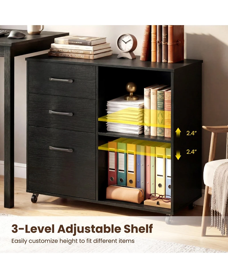 Sugift Mobile 3-Drawer Lateral File Cabinet and Rolling Printer Stand with Open Shelves