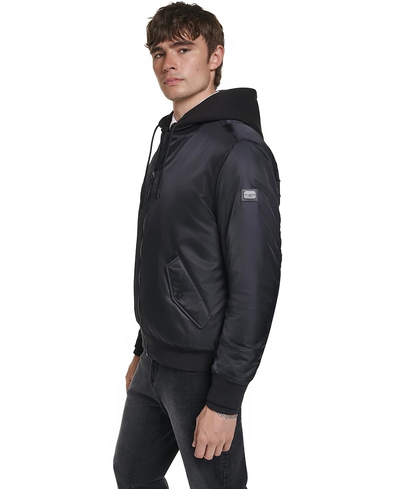 Karl Lagerfeld Paris Men's Embroidered Signature Hooded Bomber