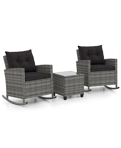 Sugift 3-Piece Patio Rattan Rocking Chair Set with Tempered Glass Side Table