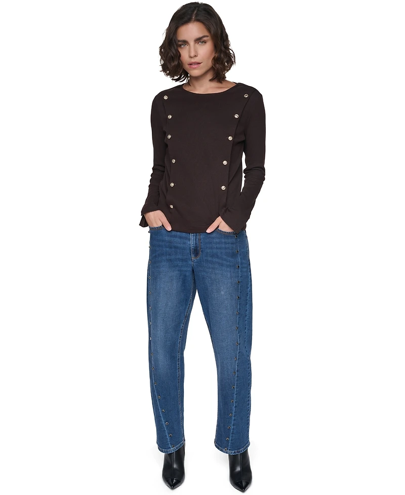 Karl Lagerfeld Paris Petite Ribbed Long-Sleeve Button-Detail Knit Top