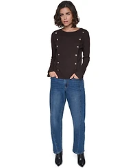 Karl Lagerfeld Paris Petite Ribbed Long-Sleeve Button-Detail Knit Top