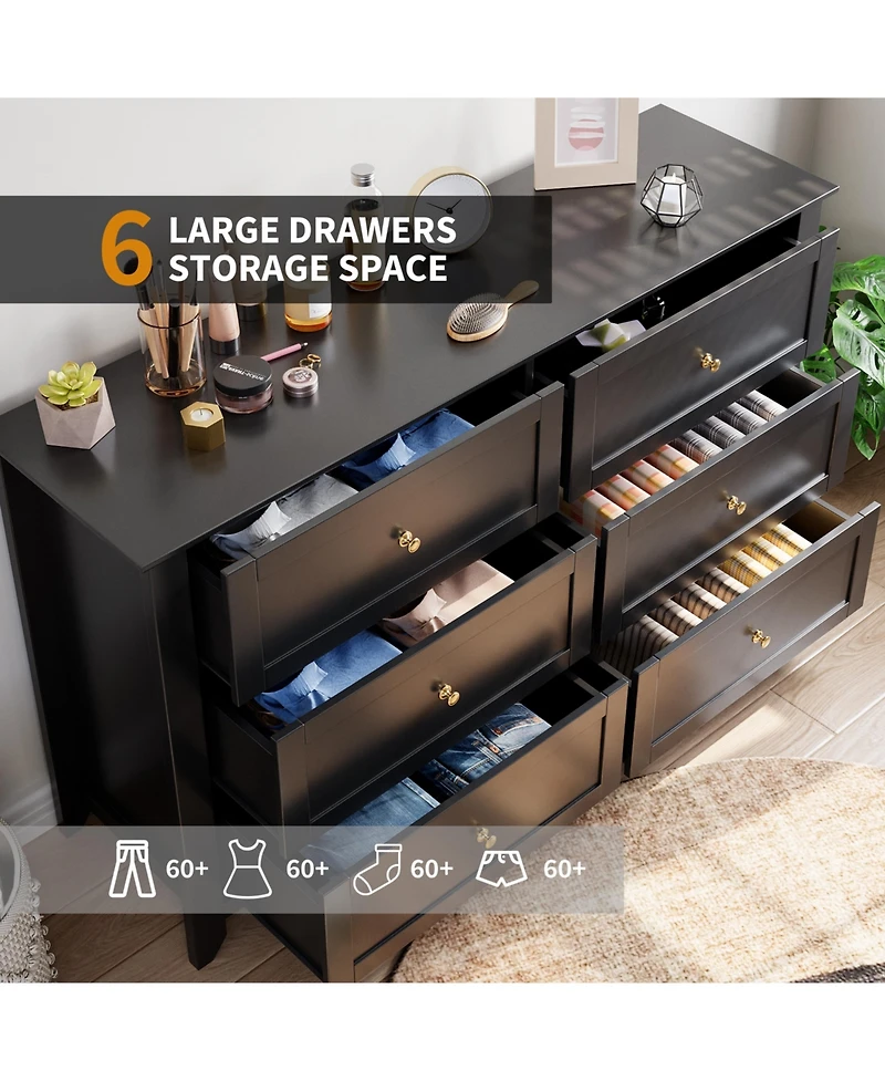 54" Wide 6-Drawer Lacquered Storage Chest, Modern Dresser with Deep Drawers, Multi-purpose Organizer for Bedrooms, Hallways and Entryways