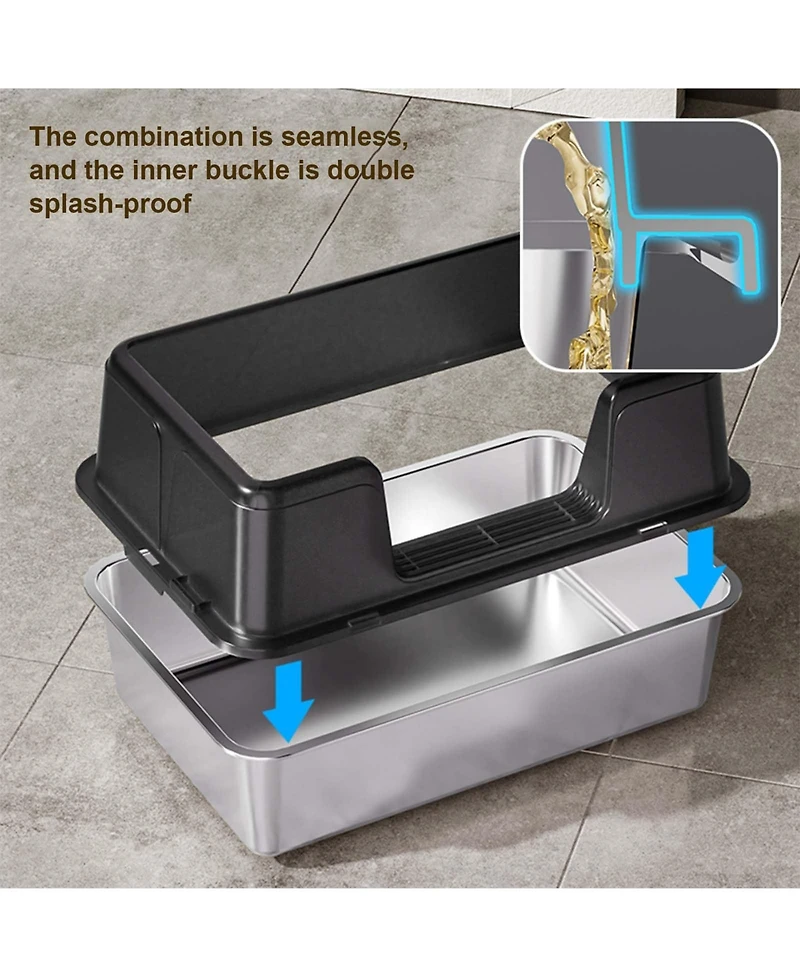 homfan Stainless Steel Litter Box, Extra Large, High Sides, Removable Tray, Non-Slip Mat, Scooper Included, Ideal for Large Cats and Maine Coons