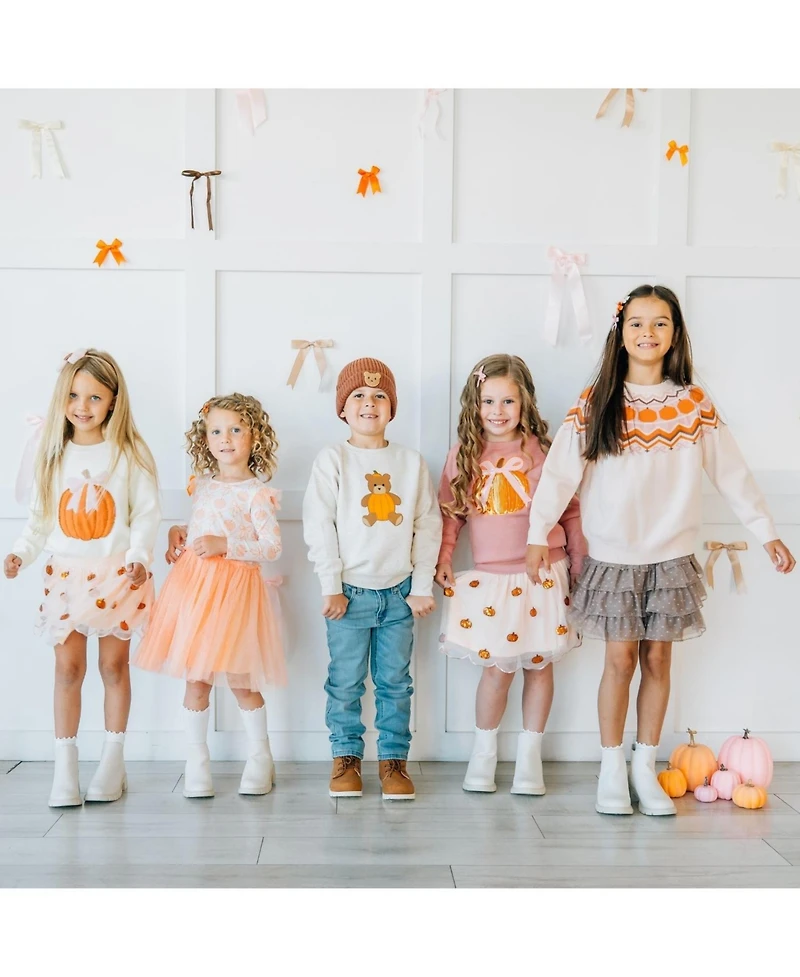 Sweet Wink Little Girls Coquette Pumpkin Sequin Patch Sweatshirt