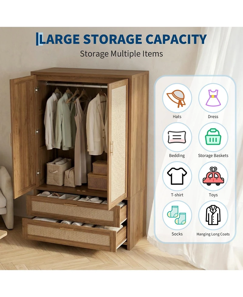 homfan Boho Rattan Wardrobe with Hanging Rod and Drawers