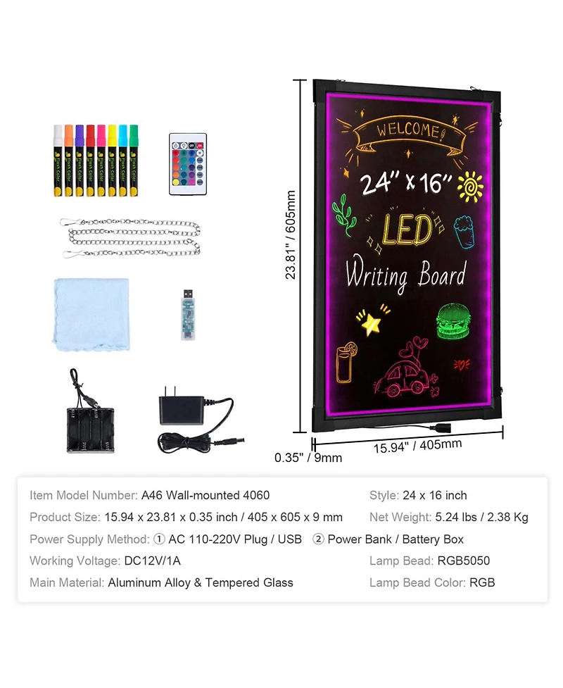 Yobtop Led Message Writing Board Illuminated Erasable Lighted Chalkboard, Neon Effect Menu Sign, Drawing Board with 8 Markers and Remote