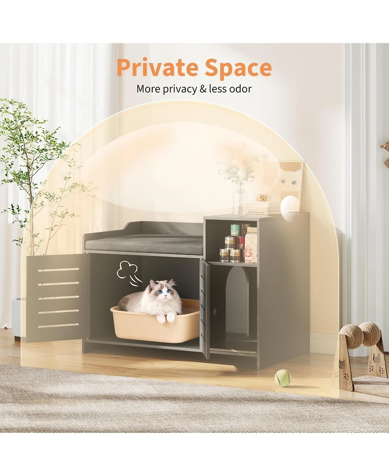 homfan Hidden Litter Box Furniture with Cushion, Mark Pad, Storage Shelf, Odor Control, Large Modern Wooden House Cabinet, Fits Most Boxes