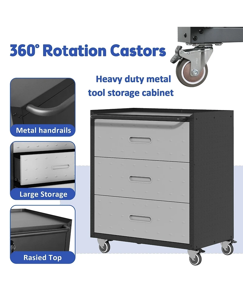 Boyel Living Rolling Tool Cabinet 3 Drawer Steel Lockable Casters Garage Organizer