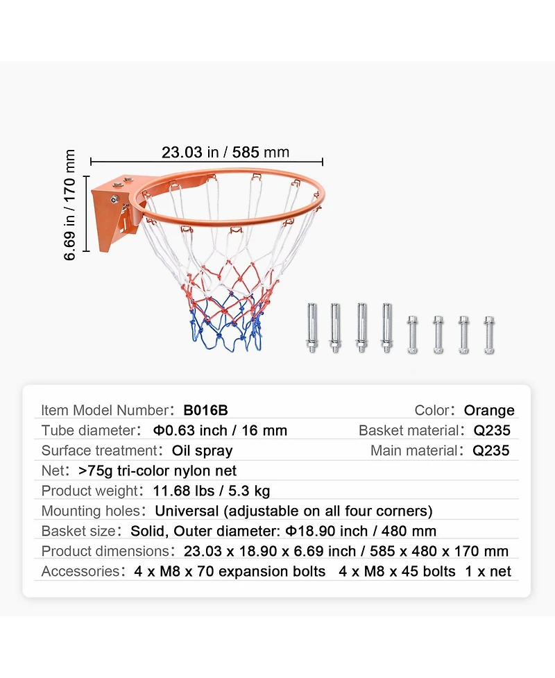 Sugift Wall Door Mounted Heavy Duty Basketball Flex Rim Goal Replacement Hoop With Net Indoor Outdoor
