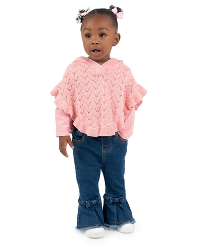Rare Editions Baby Girls' Pink Poncho Sweater to Denim Pants, 2-Piece Set