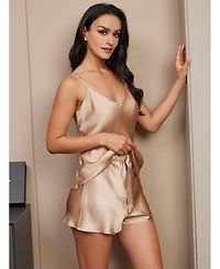 SilkSilky Women's Silk Spaghetti Strap V-Neck Cami and Shorts Pajama Set