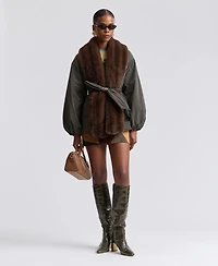 Avec Les Filles Women's Belted Faux-Fur-Trim Shawl Collar Puffer Jacket