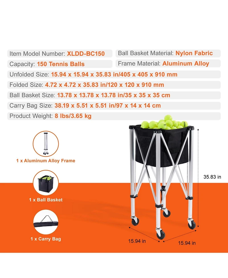 Sugift Foldable Tennis Ball Hopper Holds 150 Tennis Balls Aluminum Alloy Cart with Wheels Carry Bag