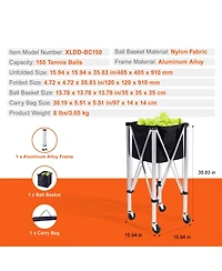 Sugift Foldable Tennis Ball Hopper Holds 150 Tennis Balls Aluminum Alloy Cart with Wheels Carry Bag