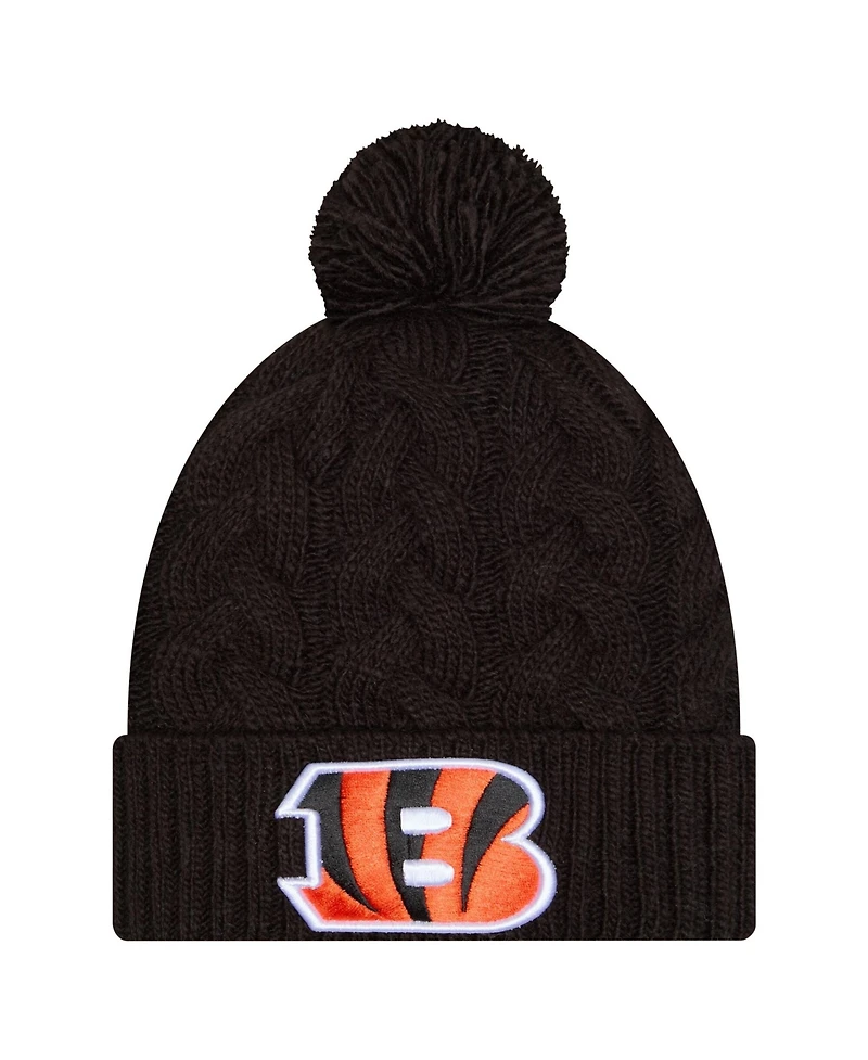 New Era Big Girls Black Cincinnati Bengals Cabled Cuffed Pom with Knit Hat