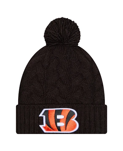 New Era Big Girls Black Cincinnati Bengals Cabled Cuffed Pom with Knit Hat