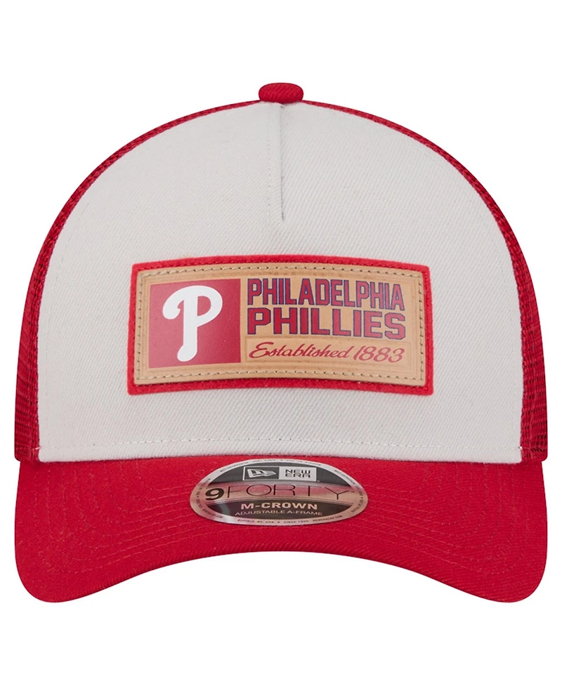 New Era Men's Stone/Red Philadelphia Phillies Text A-Frame Trucker 9FORTY Hat