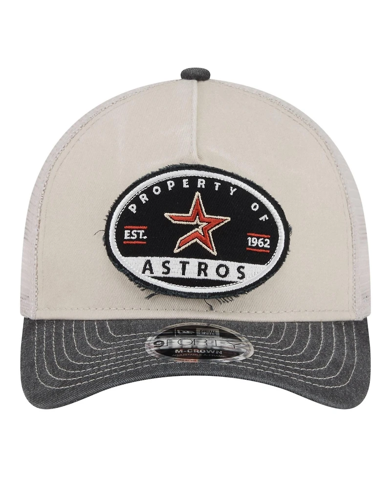 New Era Men's Light Beige/Black Houston Astros Frayed M-Crown A-Frame 9FORTY Trucker Adjustable Hat