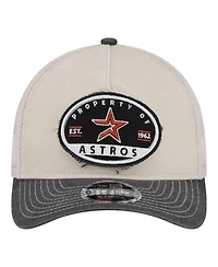 New Era Men's Light Beige/Black Houston Astros Frayed M-Crown A-Frame 9FORTY Trucker Adjustable Hat