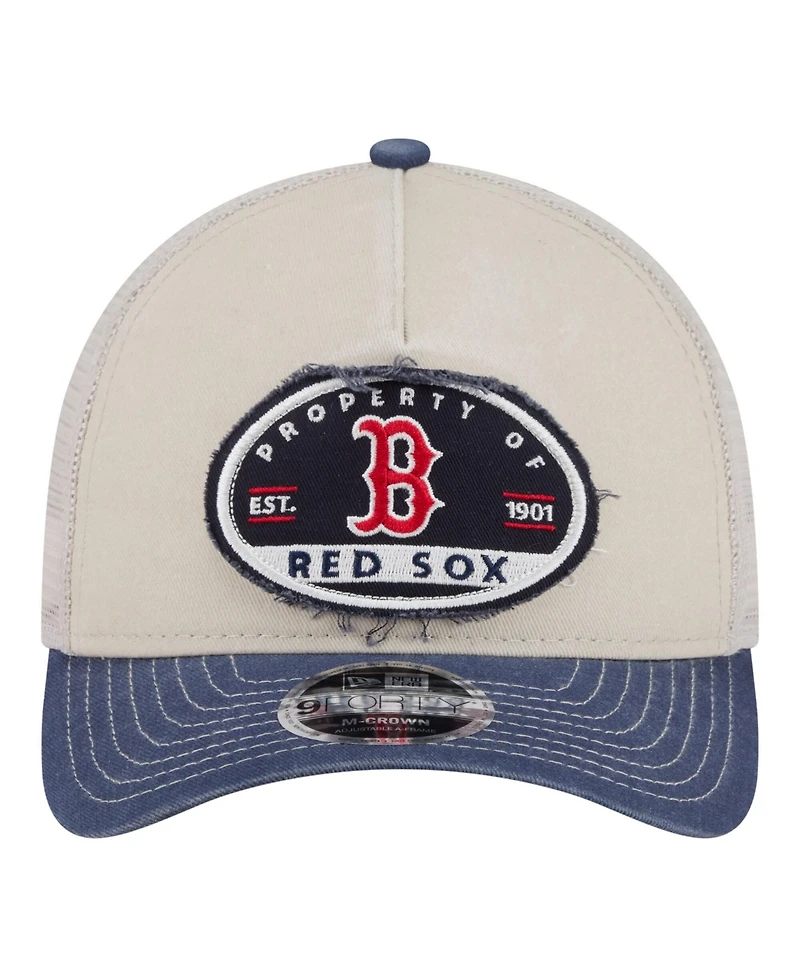 New Era Men's Light Beige/Navy Boston Red Sox Frayed M-Crown A-Frame 9FORTY Trucker Adjustable Hat