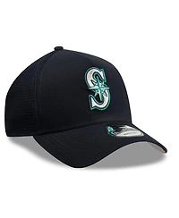 New Era Men's Navy Seattle Mariners Side Script 9FORTY A-Frame Trucker Adjustable Hat