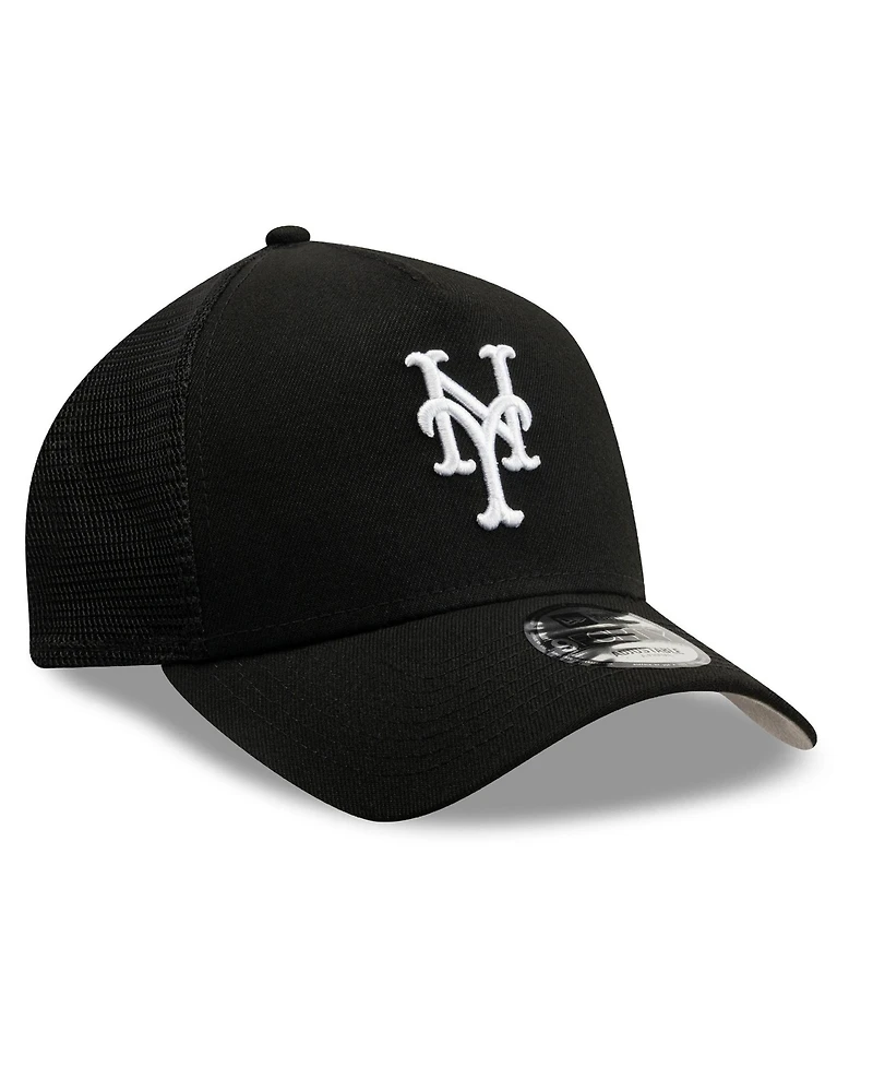New Era Men's Black New York Mets Side Script 9FORTY A-Frame Trucker Adjustable Hat